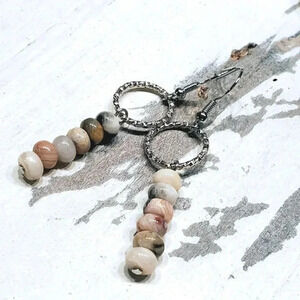 Agate Gemstone Rondelle Beads Textured Silver Ring Handcrafted Earrings
